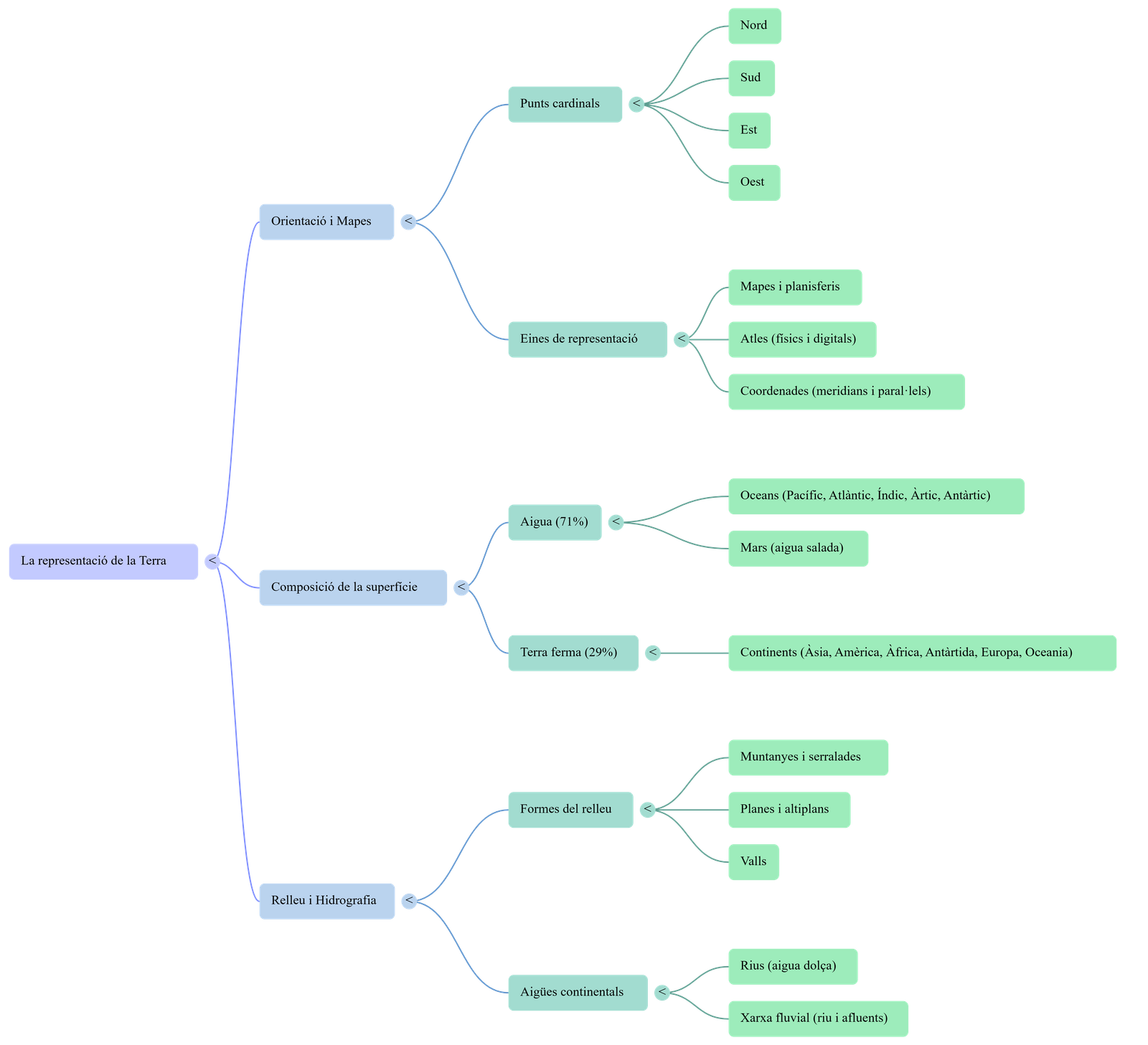 Diagrama de la representació de la Terra, continents, oceans i relleu